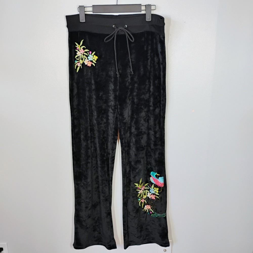 BCBG MaxAzria Y2K Pants Womens Large Black Velour Embroidered Bird Floral Lounge
